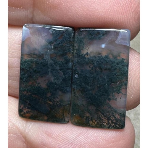 Rectangle 21x12mm Green Moss Agate Cabochon Pair 02