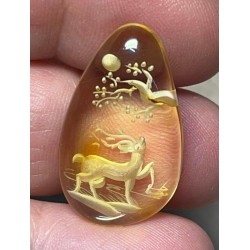 Teardrop 27x16mm Carved Stag Amber Cabochon 03