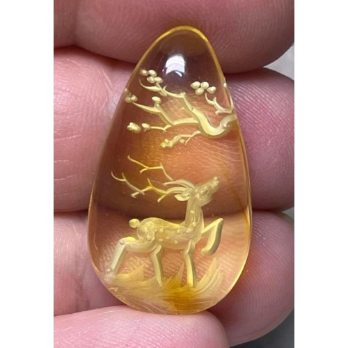 Teardrop 30x17mm Carved Stag Amber Cabochon 11