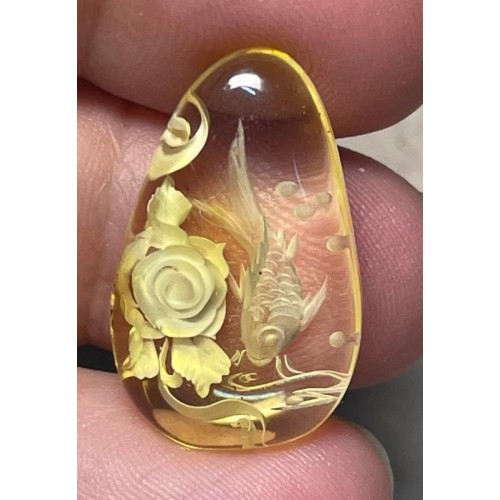 Teardrop 26x16mm Carved Koi Amber Cabochon 14