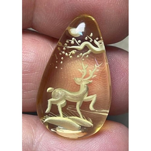Teardrop 28x17mm Carved Stag Amber Cabochon 22