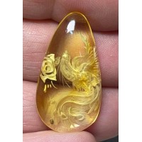 Teardrop 32x17mm Carved Peacock Amber Cabochon 27