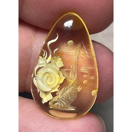 Teardrop 26x16mm Carved Koi Amber Cabochon 28