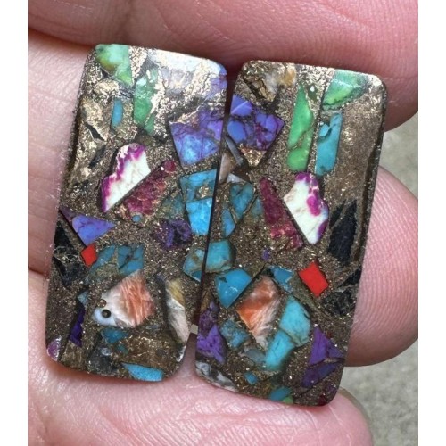 Rectangle 24x11mm Spiny Oyster Turquoise Cabochon Pair 16