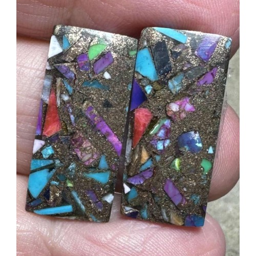 Rectangle 25x11mm Spiny Oyster Turquoise Cabochon Pair 21